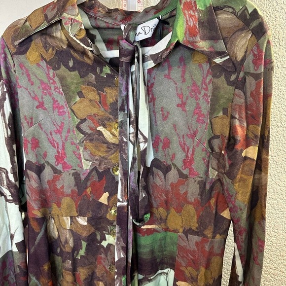 Virna Dro Abstract Floral Print Button Front Shirt Dress Tunic Green Brown